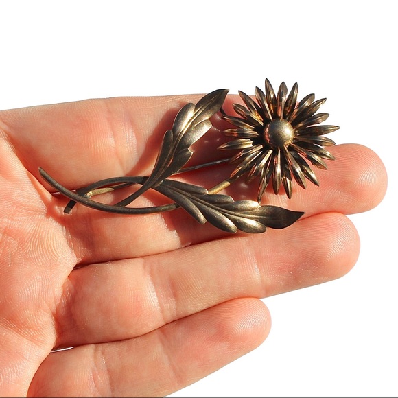 Vintage Symmetalic Sterling Silver Flower Brooch 14K Gold Overlay Floral Large - Picture 2 of 6